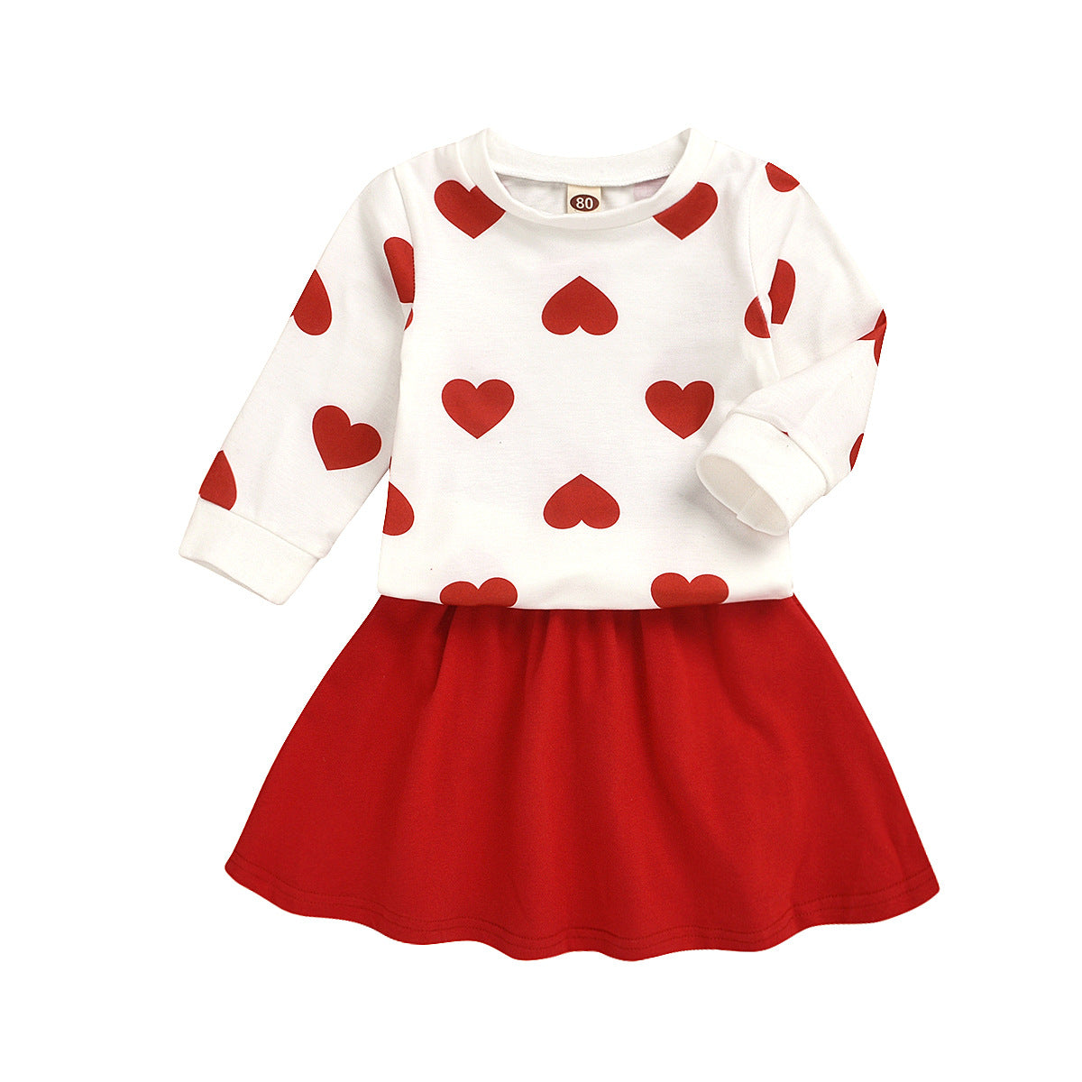 Wholesale Cotton Children's Love Long Sleeved Tops, Red Pleated Skirts